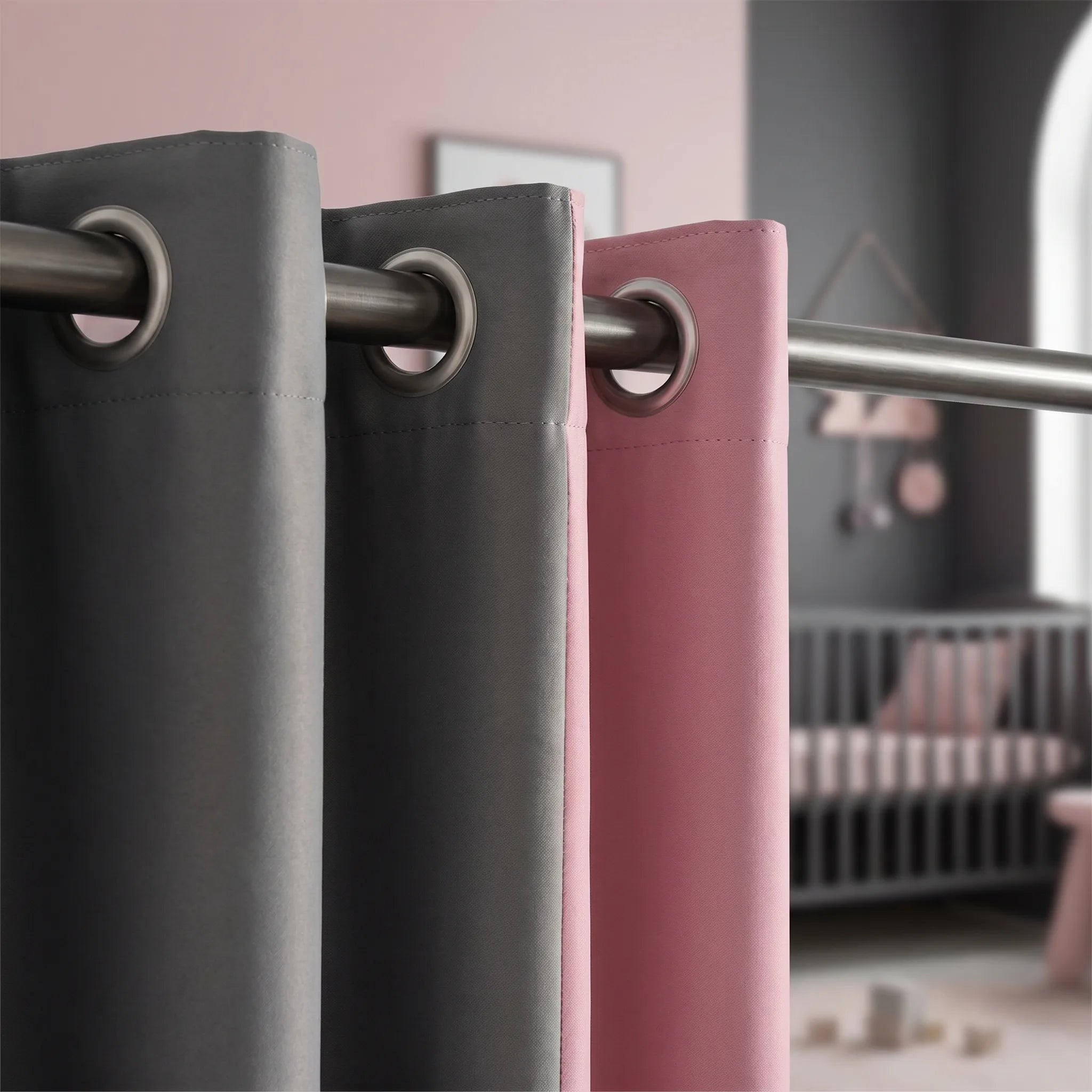 Double Rideau Occultant - Gris et Rose - oeillets