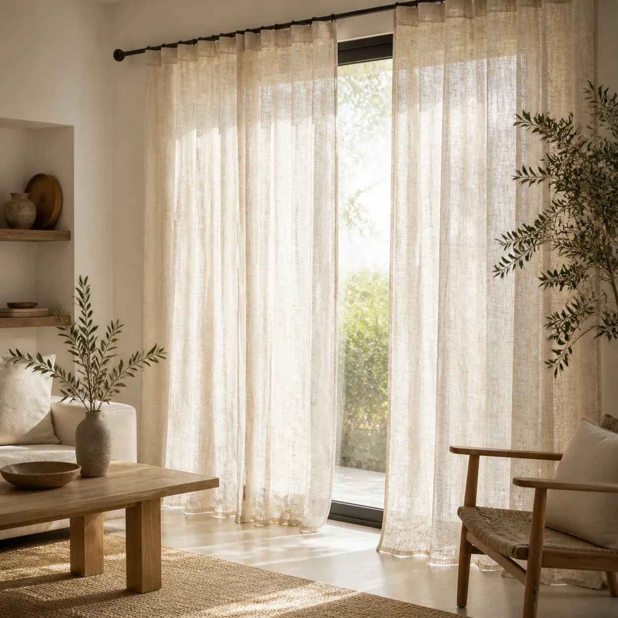 Rideau Lin - Voilage Beige à Motif - voilage installé dans un intérieur lumineux
