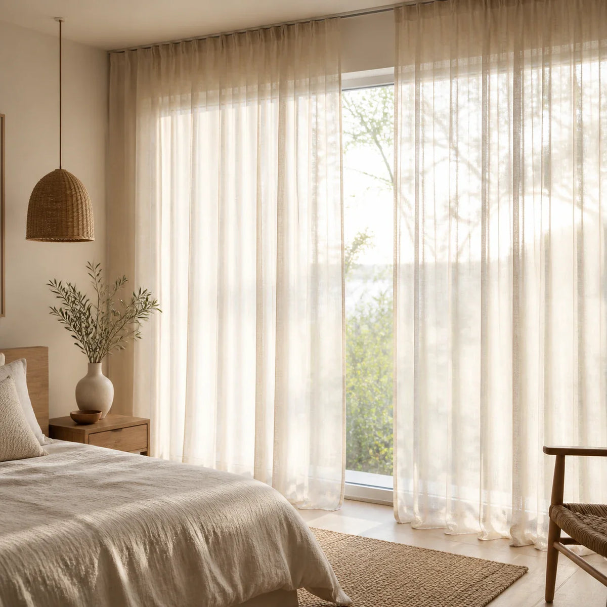Rideau Voilage - Beige - voilage installé dans un intérieur lumineux