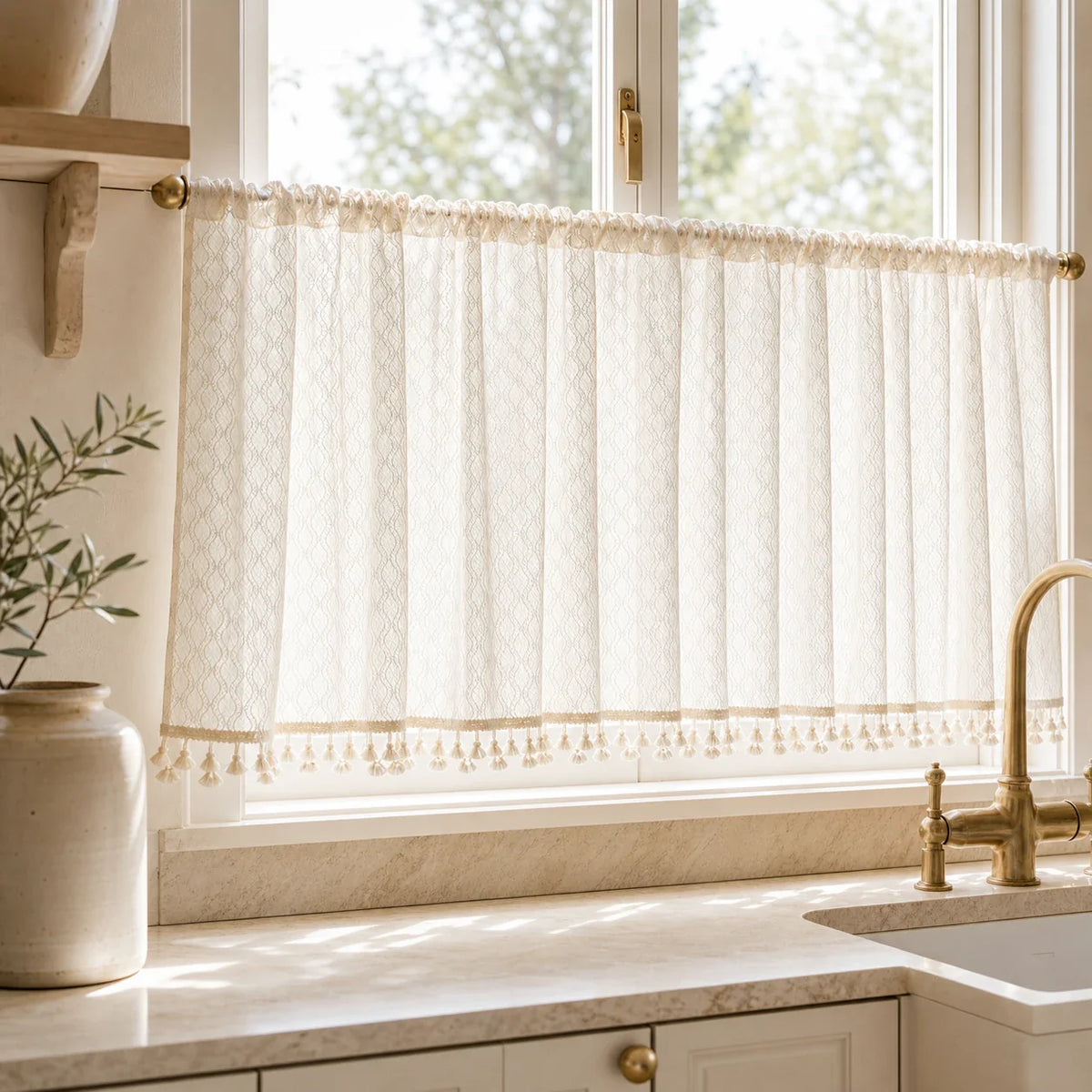Rideau Voilage - Beige à Motif pour Cuisine - voilage installé dans un intérieur lumineux