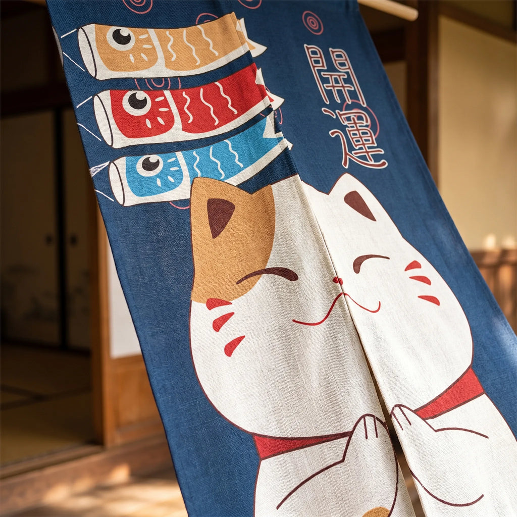 Rideau de porte en lin japonais – Chat - closeup