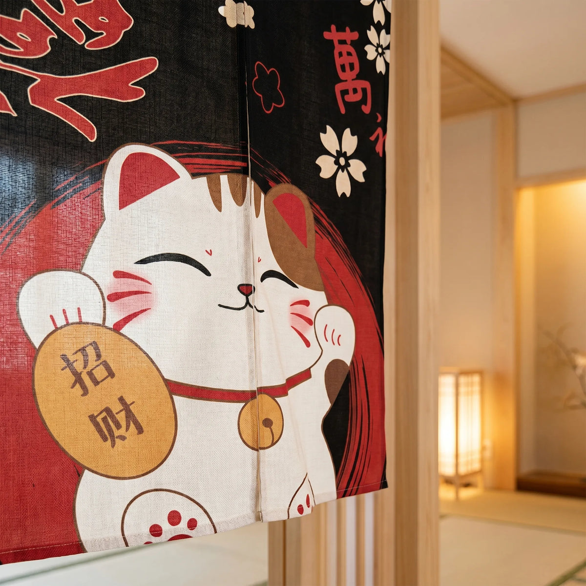 Rideau de porte en lin japonais – Chat noir - closeup Image