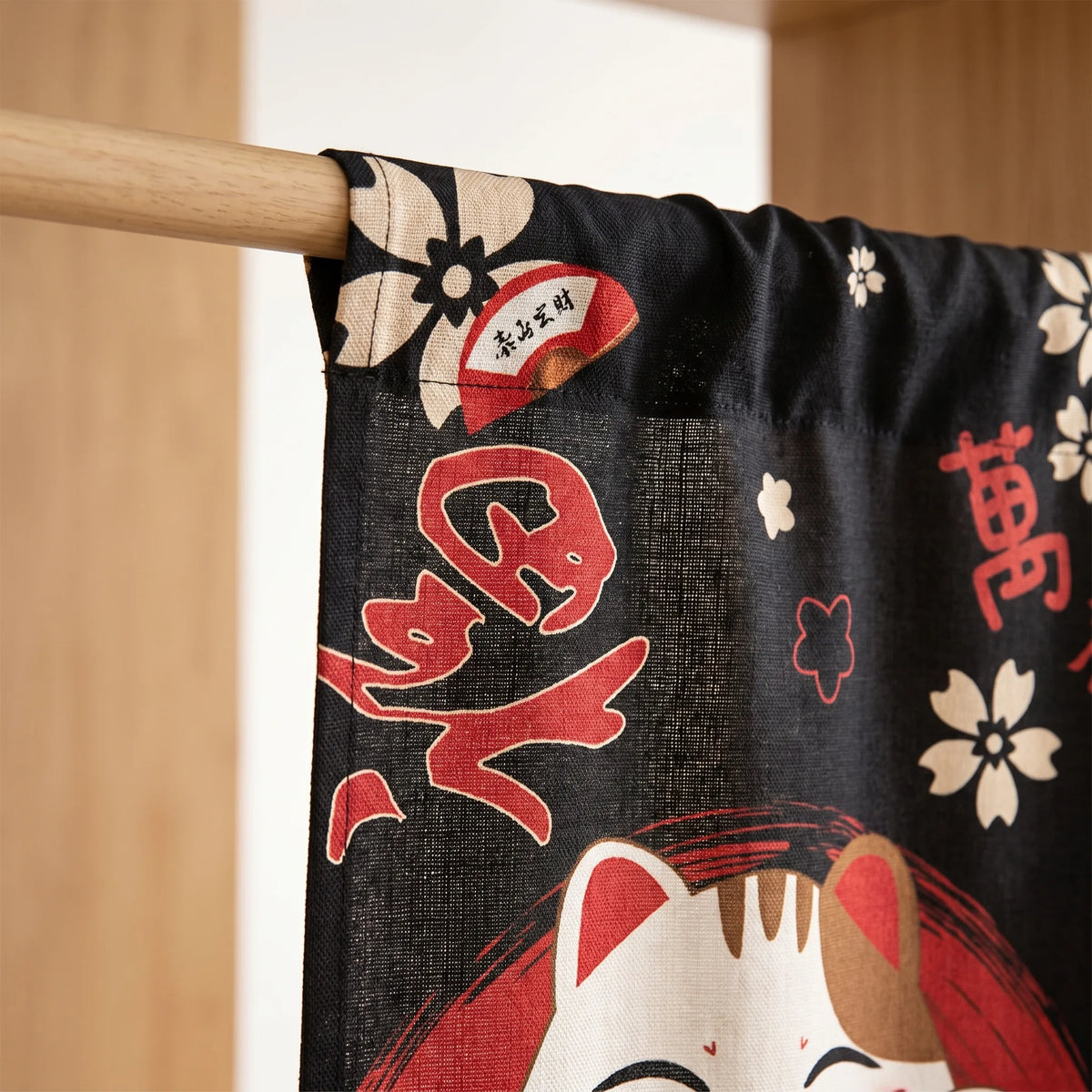 Rideau de porte en lin japonais – Chat noir - passe-tringle