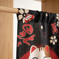 Rideau de porte en lin japonais – Chat noir - passe-tringle