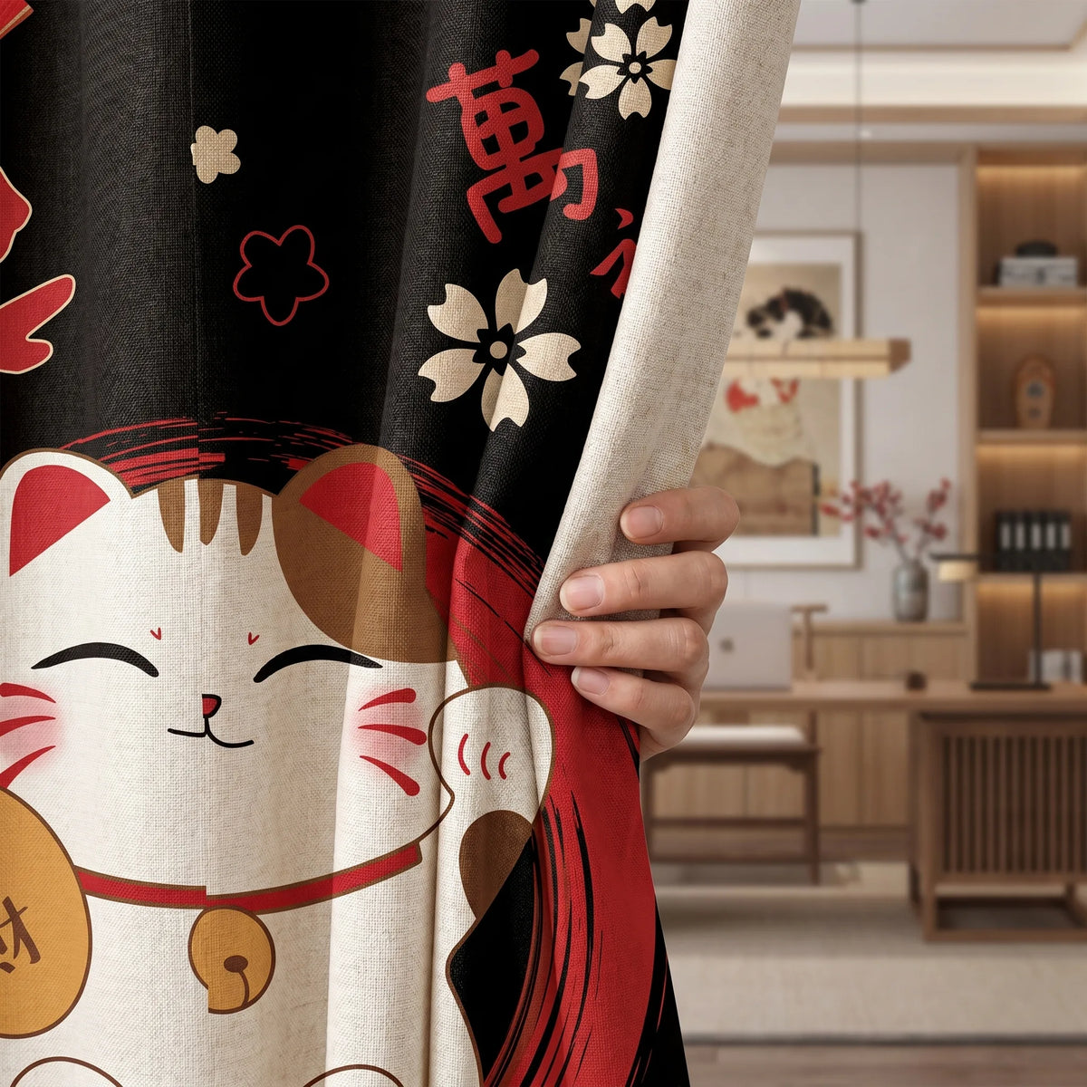 Rideau de porte en lin japonais – Chat noir - texture Image