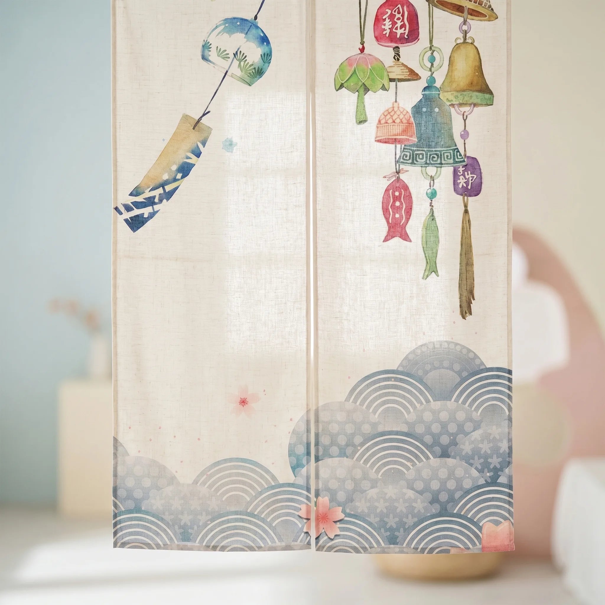 Rideau de porte en lin japonais – Lampes - closeup