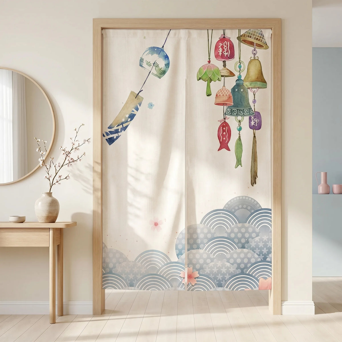 Rideau de porte en lin japonais – Lampes - situation