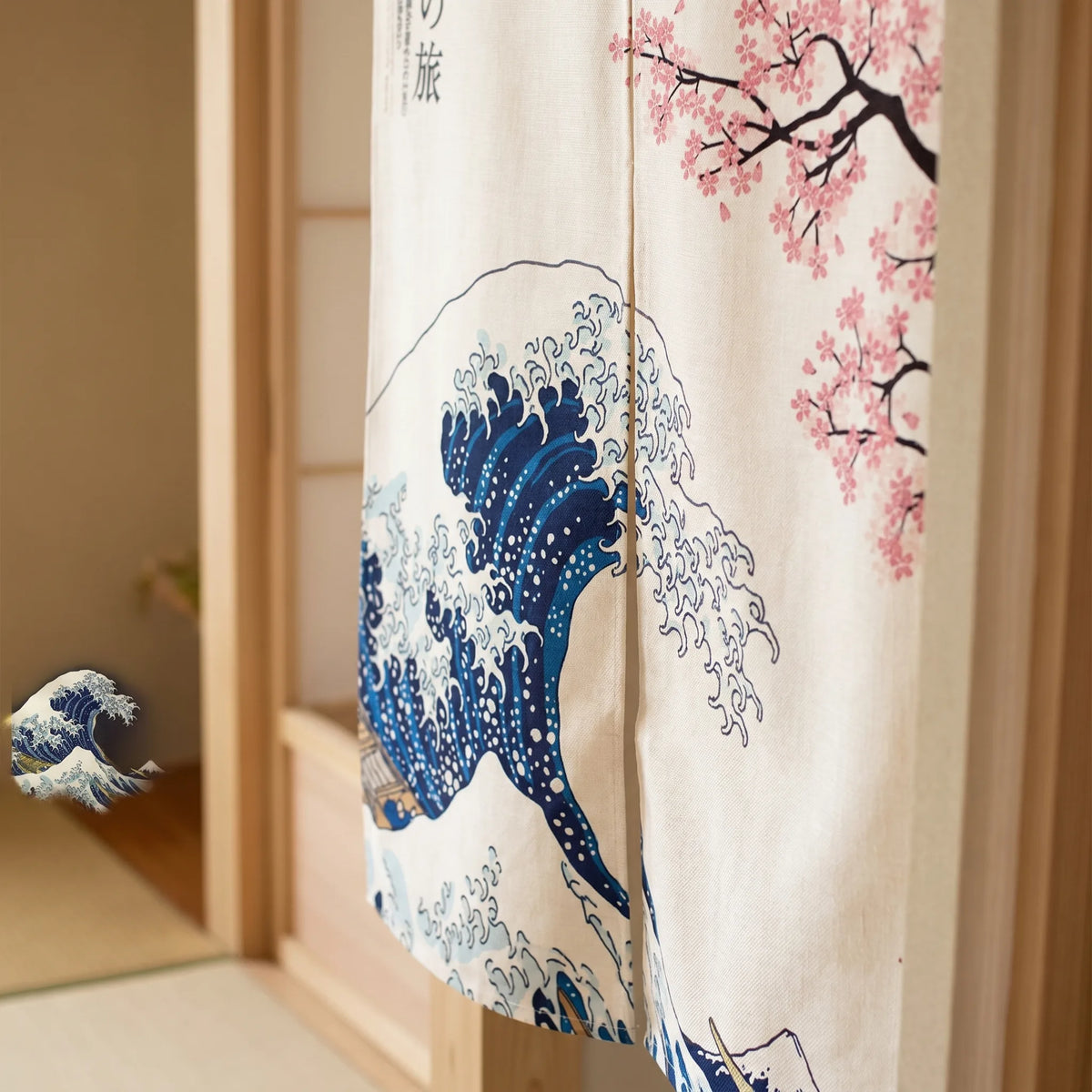 Rideau de porte en lin japonais – Vague Kanagawa blanc - closeup Image