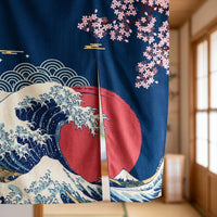 Rideau de porte en lin japonais – Vague Kanagawa bleue - closeup