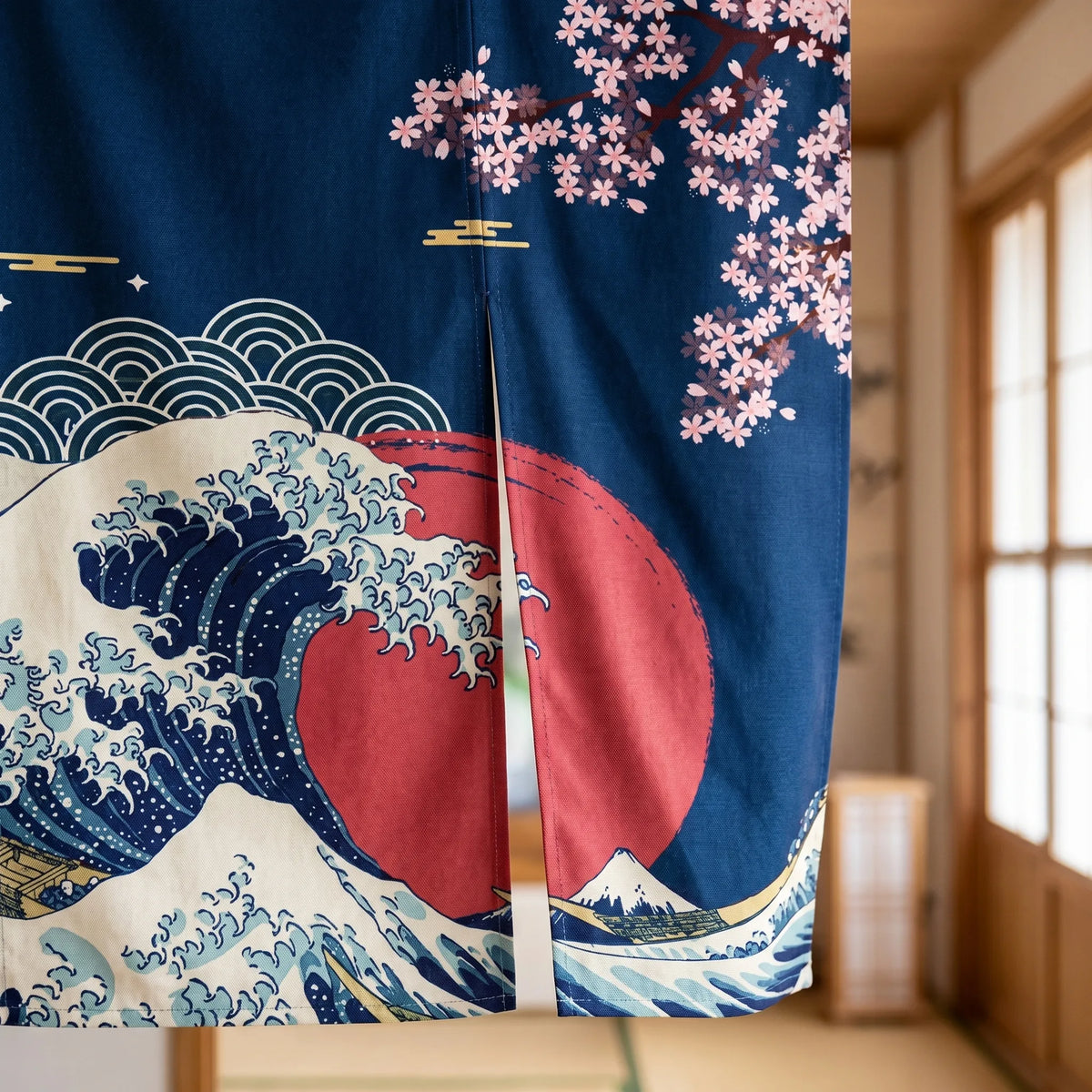 Rideau de porte en lin japonais – Vague Kanagawa bleue - closeup Image