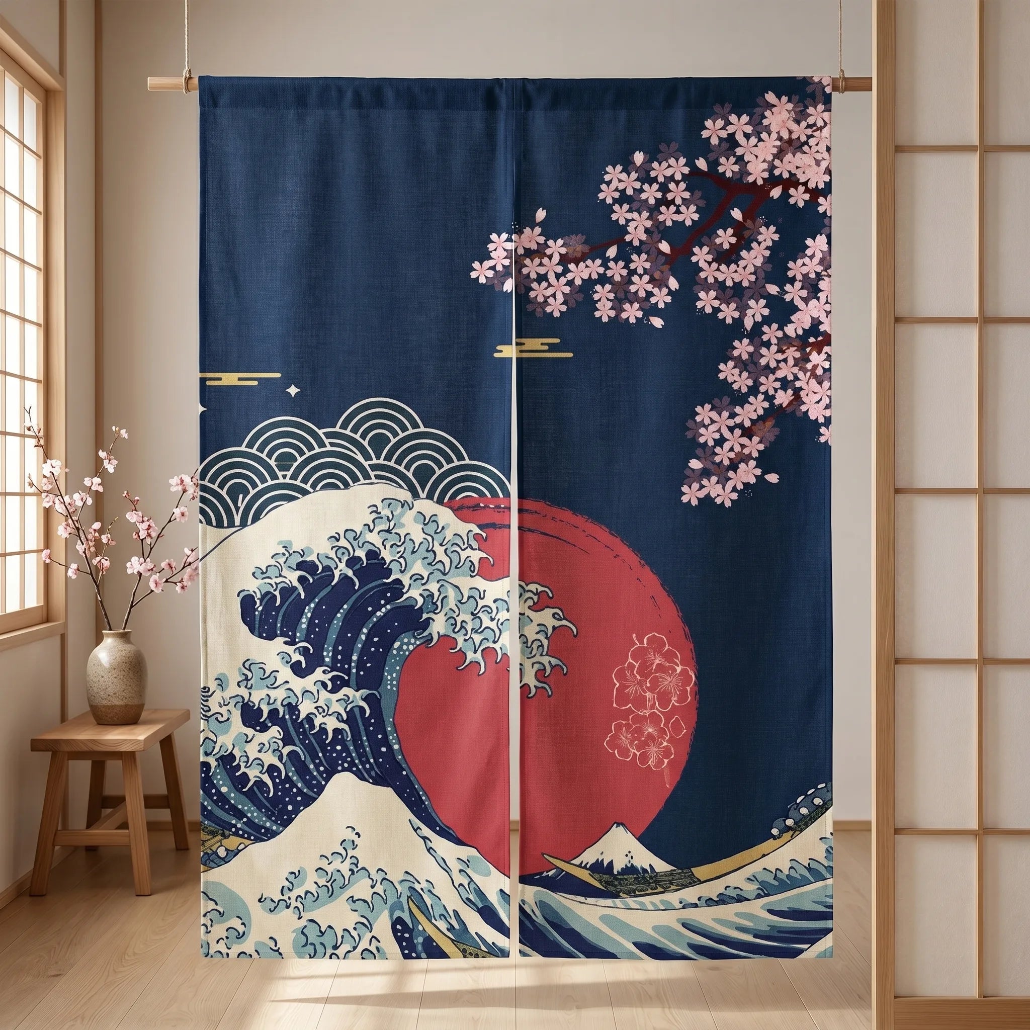 Rideau de porte en lin japonais – Vague Kanagawa bleue - situation
