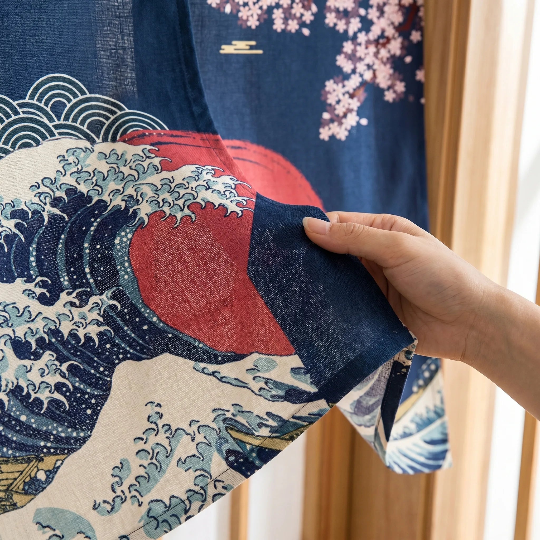 Rideau de porte en lin japonais – Vague Kanagawa bleue - texture