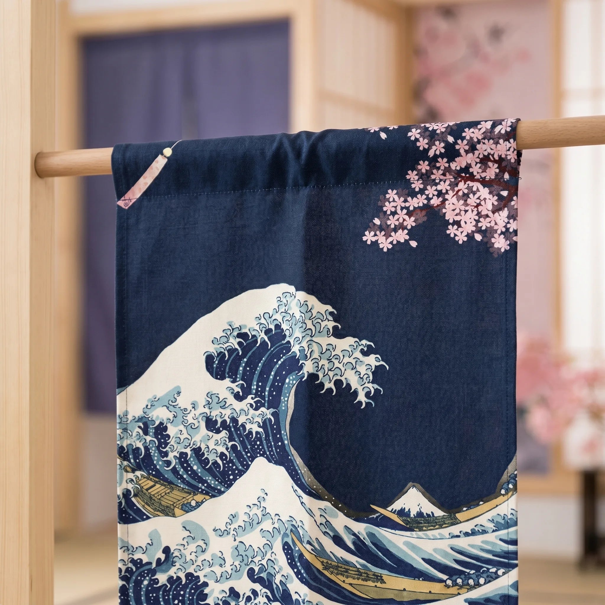 Rideau de porte en lin japonais – Vague Kanagawa noir - passe-tringle