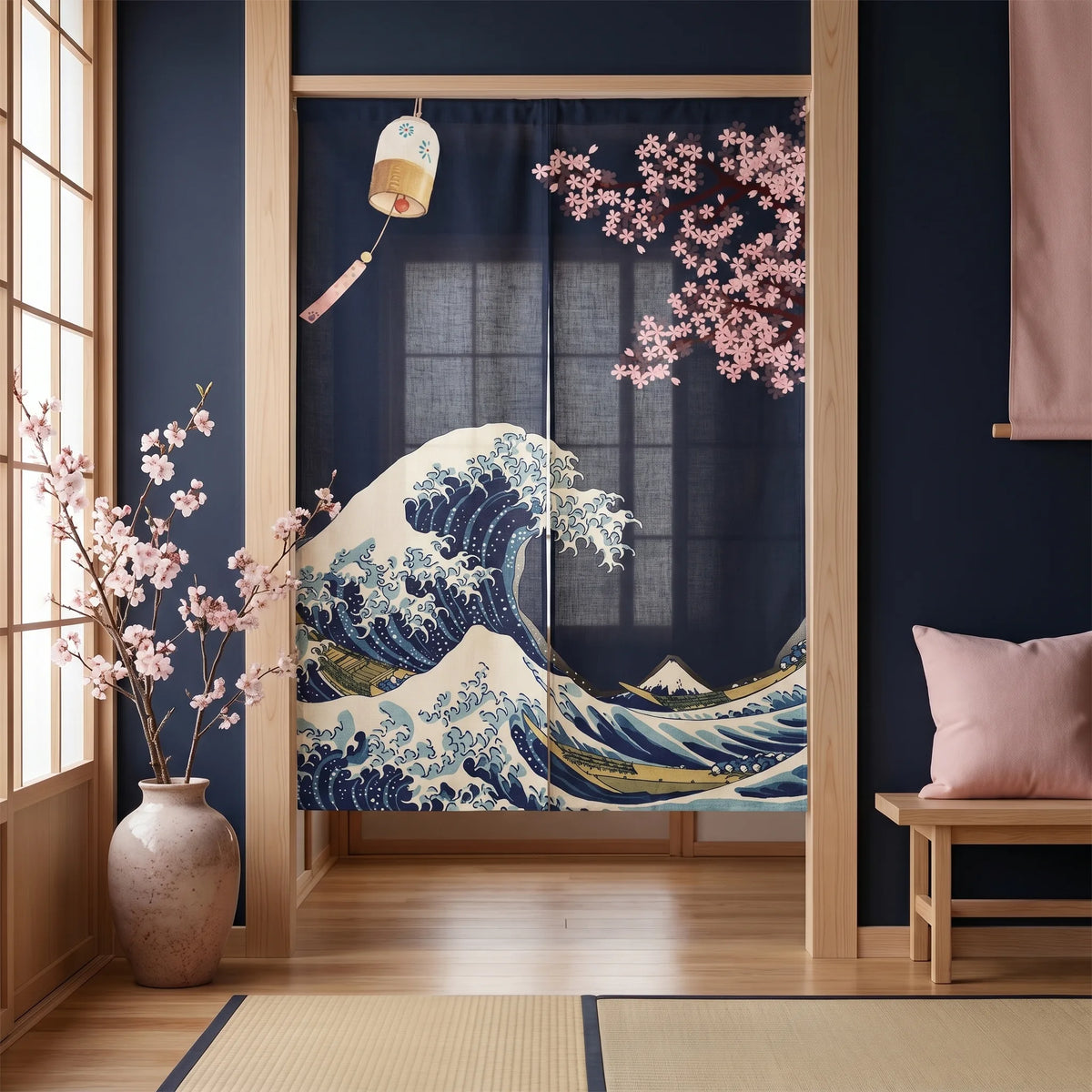 Rideau de porte en lin japonais – Vague Kanagawa noir - situation