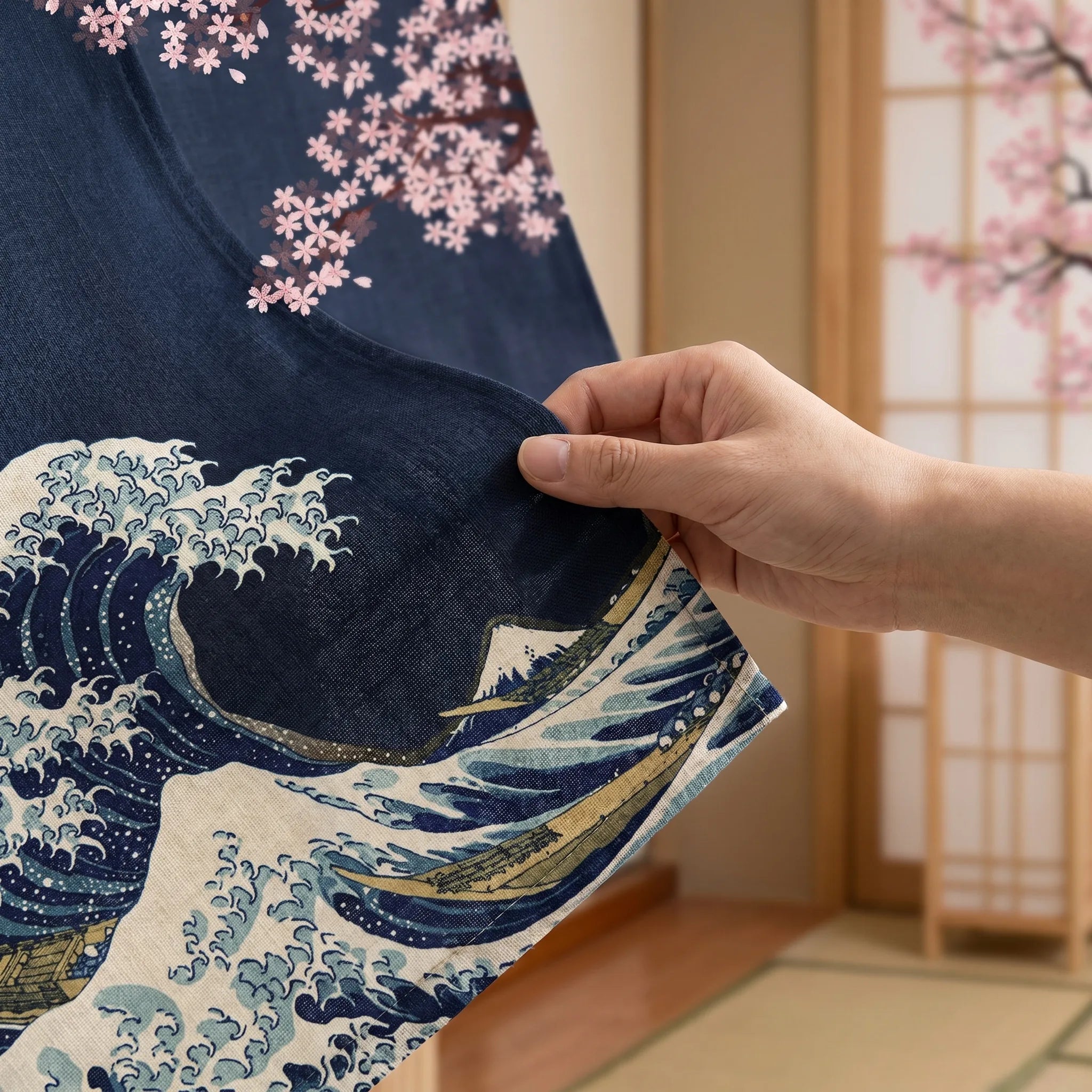 Rideau de porte en lin japonais – Vague Kanagawa noir - texture