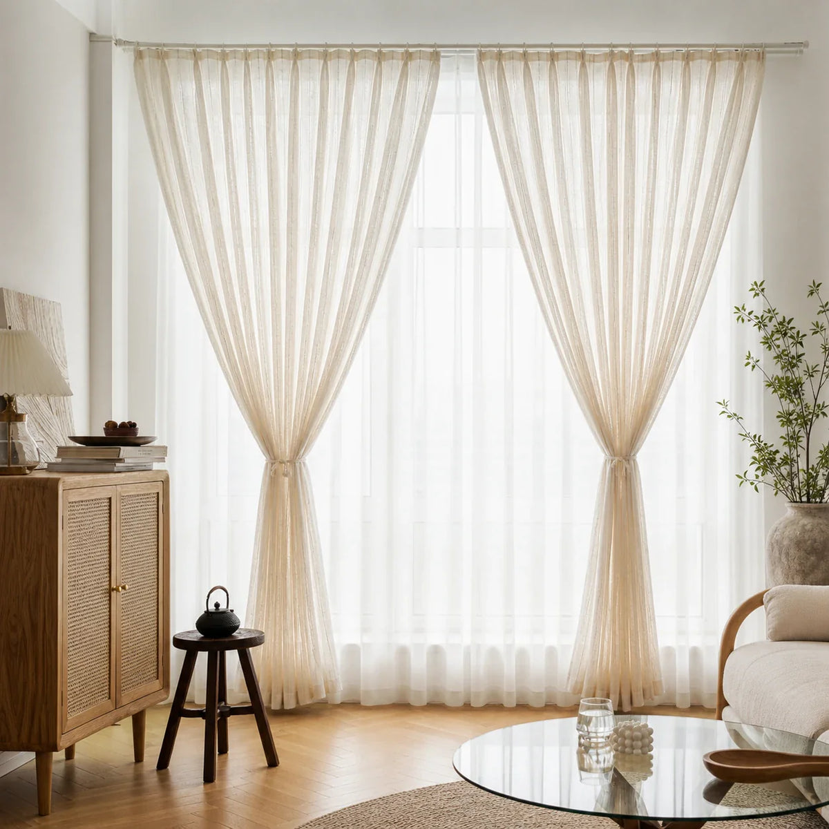 Rideau Lin - Voilage Beige Et Blanc - voilage installé dans un intérieur lumineux