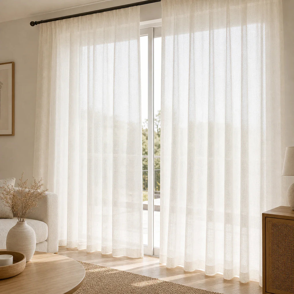 Rideau Lin - Voilage Beige Clair - voilage installé dans un intérieur lumineux