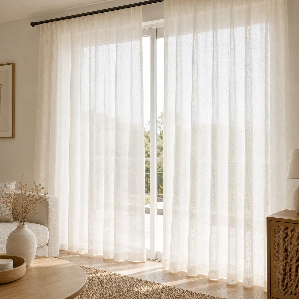 Rideau Lin - Voilage Beige Clair - voilage installé dans un intérieur lumineux