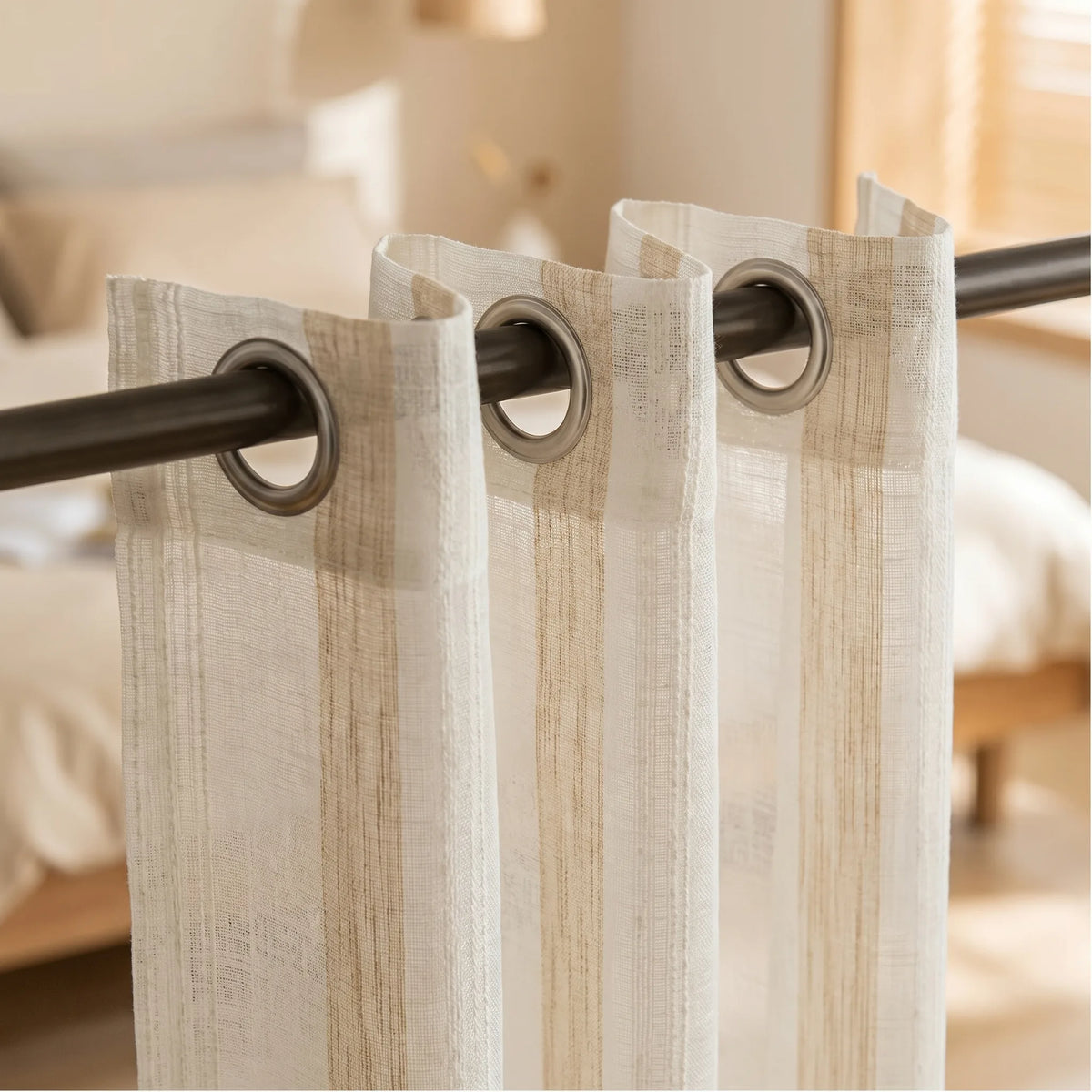 Rideau Lin - Voilage Beige à Motif - oeillets