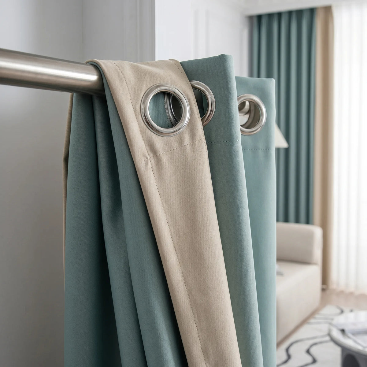 Rideau Occultant Blackout - Vert d'Eau et Beige - oeillets