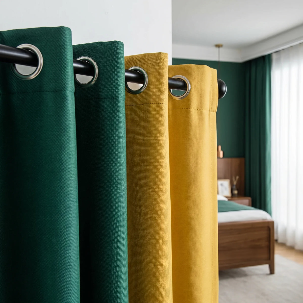 Rideau Semi Occultant - Jaune et Vert Sapin - oeillets