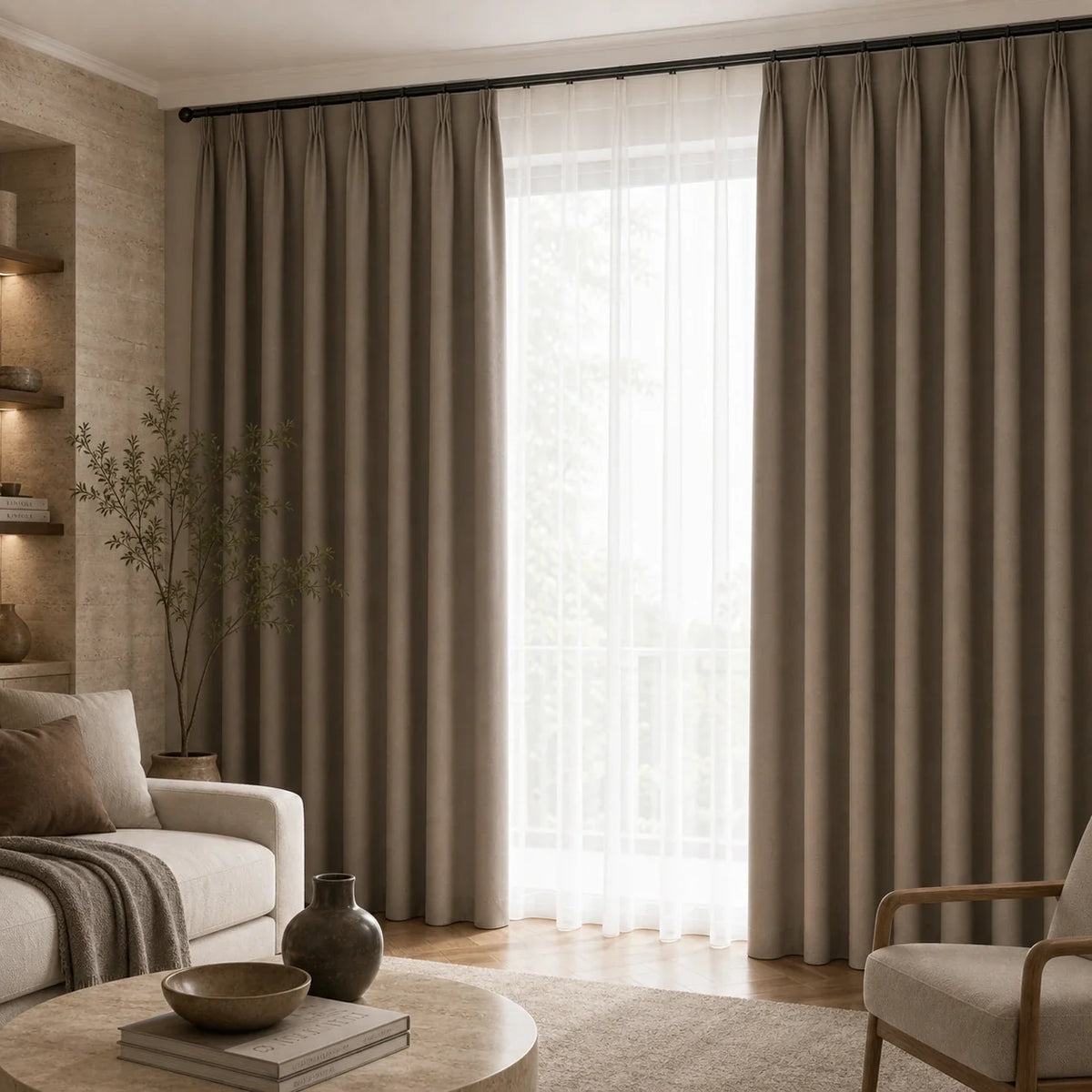 Rideau occultant thermique taupe dans un salon haut de gamme