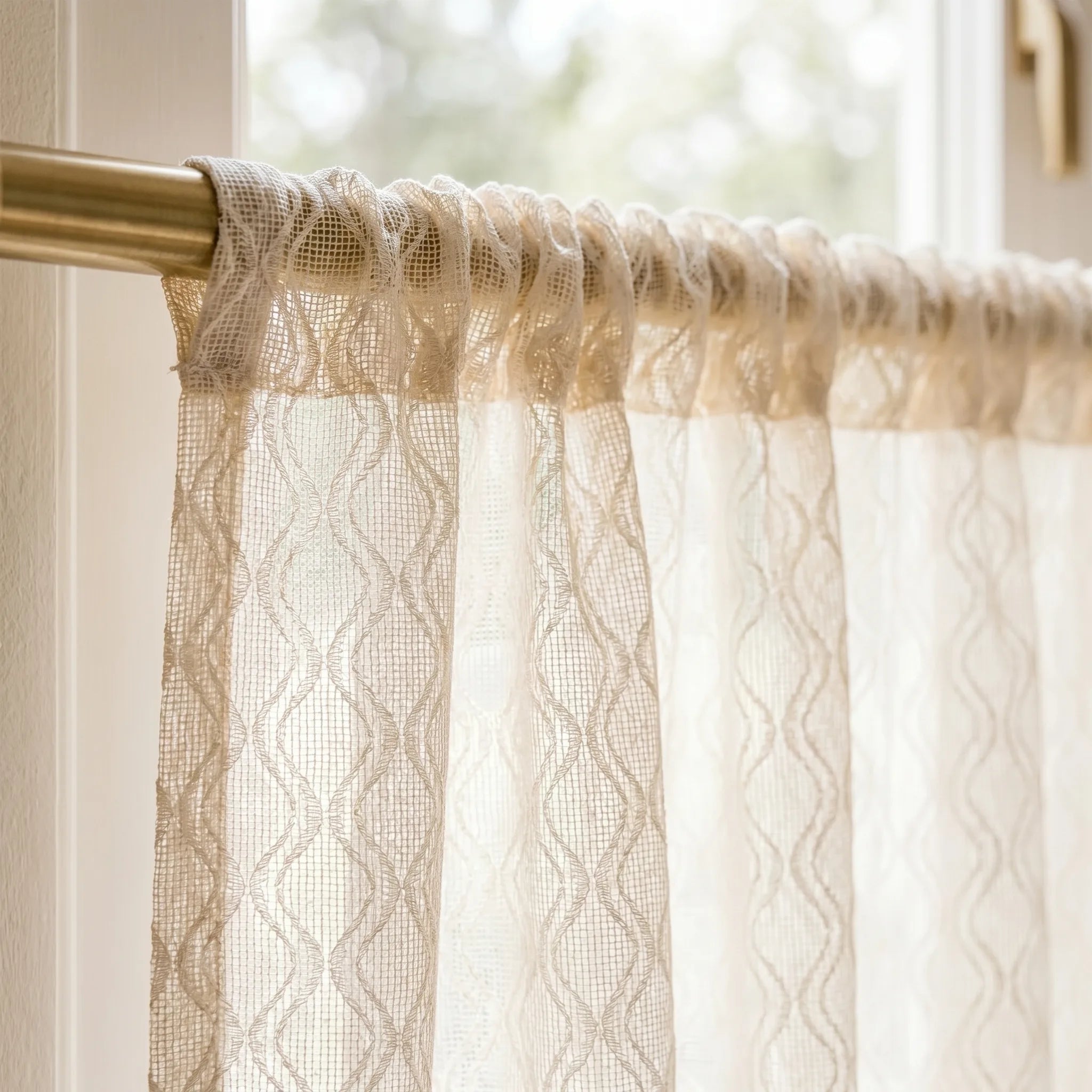 Rideau Voilage - Beige à Motif pour Cuisine - passe-tringle