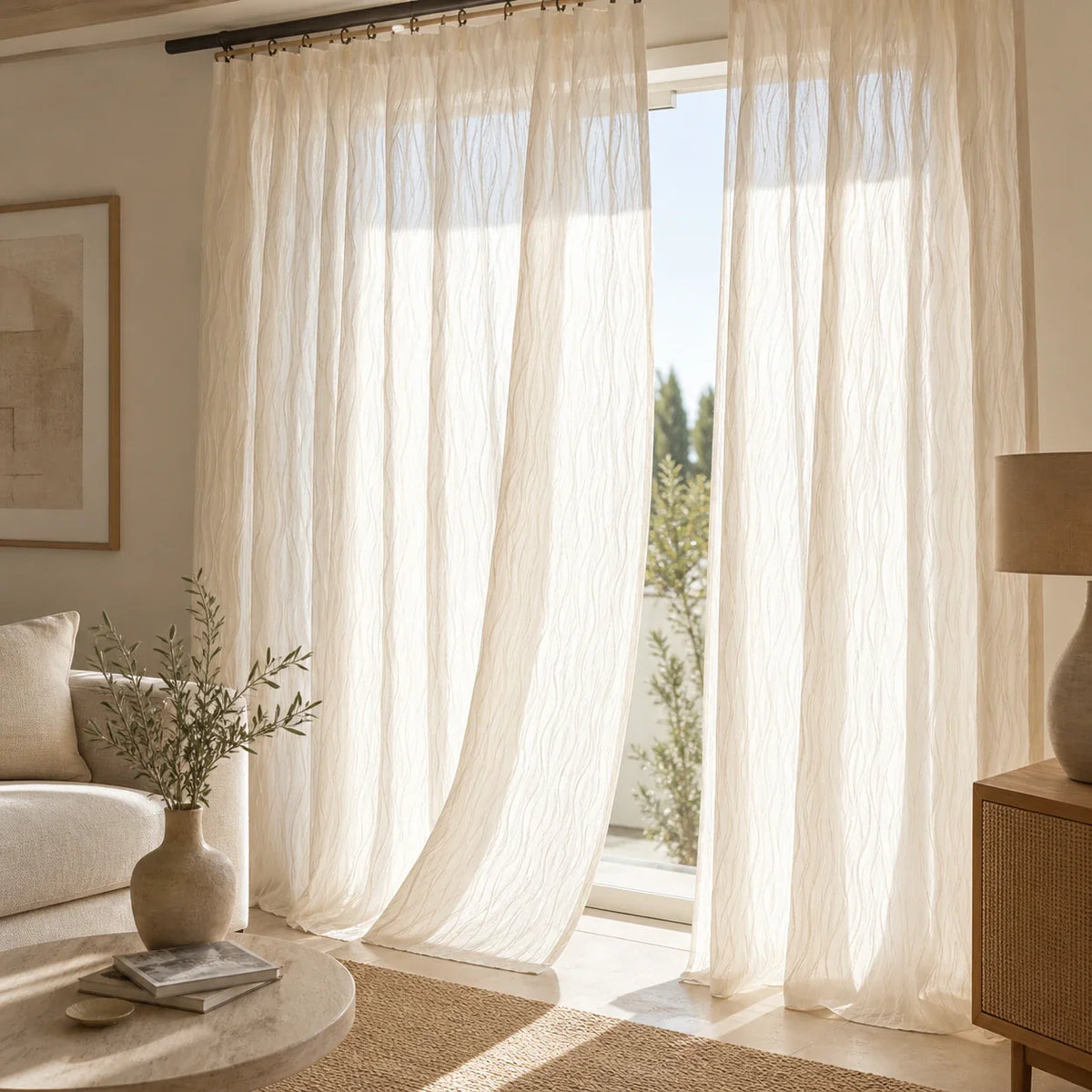 Rideau Voilage - Beige clair - voilage installé dans un intérieur lumineux