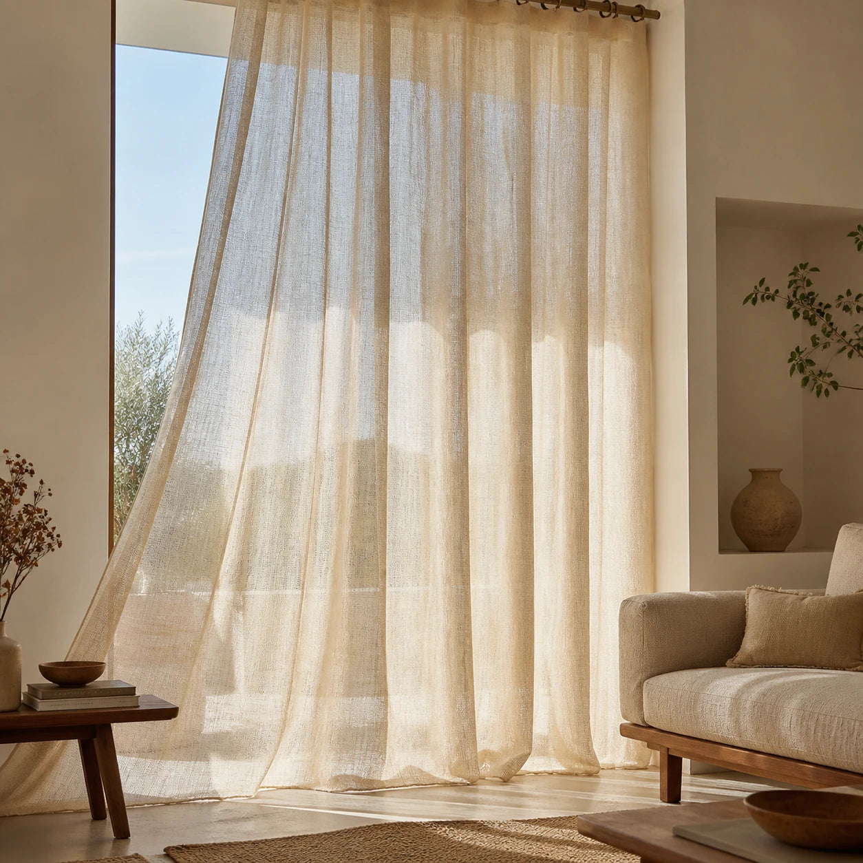 Rideau Voilage - Beige Tressé - voilage installé dans un intérieur lumineux