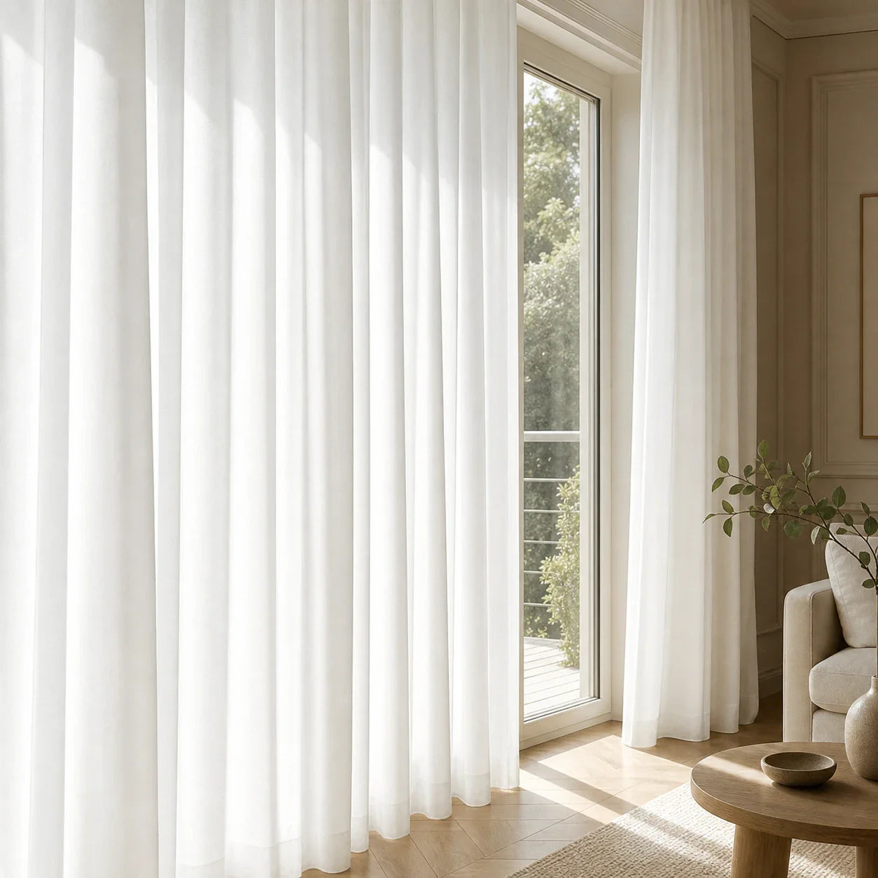 Rideau Voilage - Effet Velours Blanc - voilage installé dans un intérieur lumineux Image