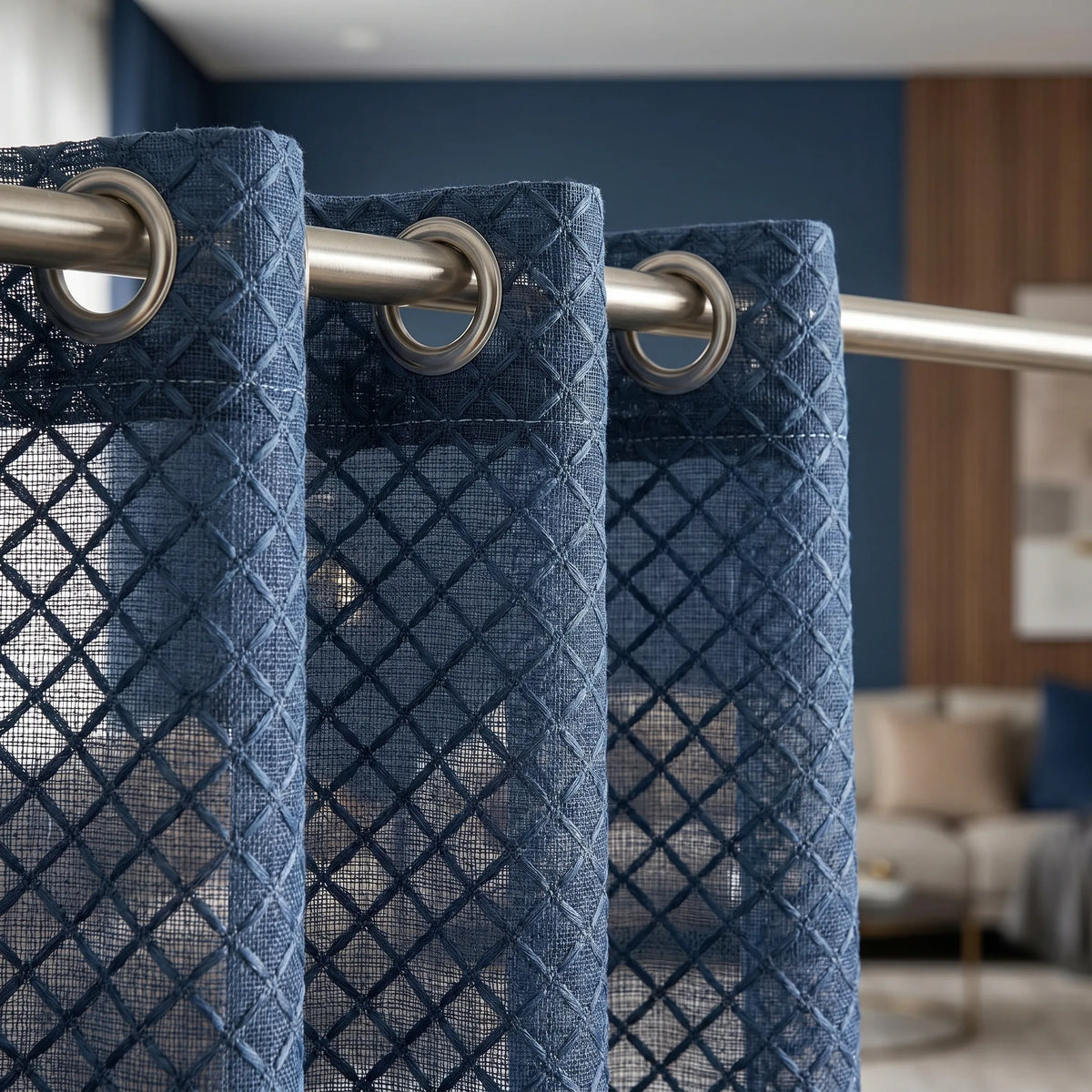 Rideau Voilage - Bleu Marine à Motif - oeillets
