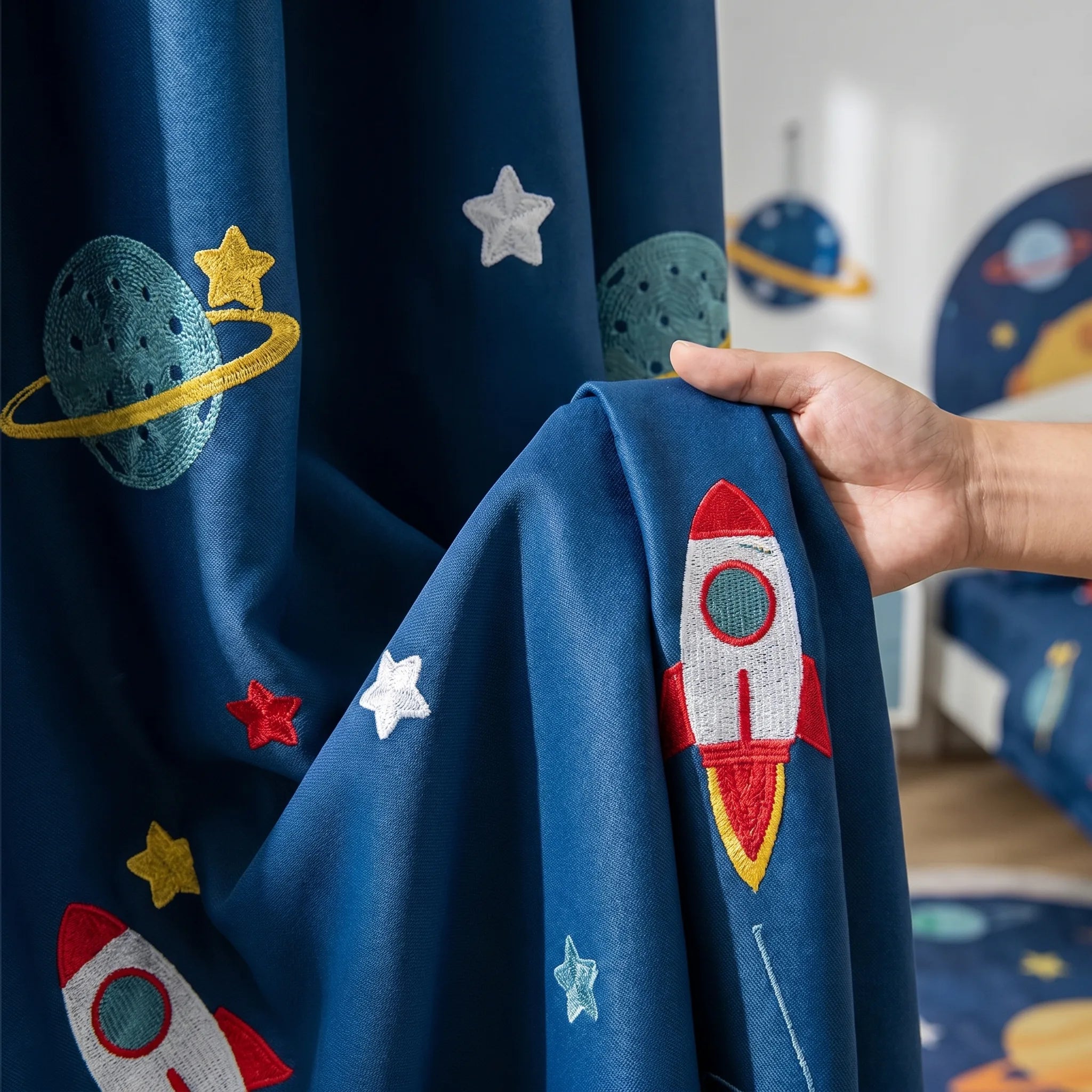 Rideaux occultants bleu espace cosmique de dessin animé mignon moderne pour chambre d'enfants, rideaux insonorisés/réducteurs de bruit, lavables en Machine - texture