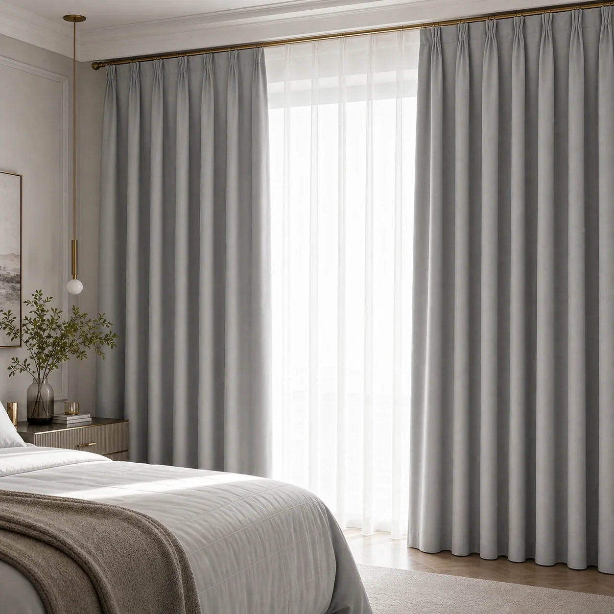 Rideaux thermique occultant gris clair dans une chambre haut de gamme