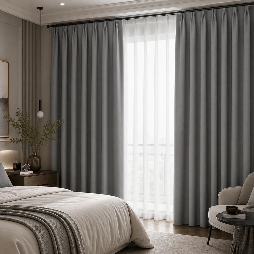 Rideau thermique anti froid gris dans une chambre haut de gamme