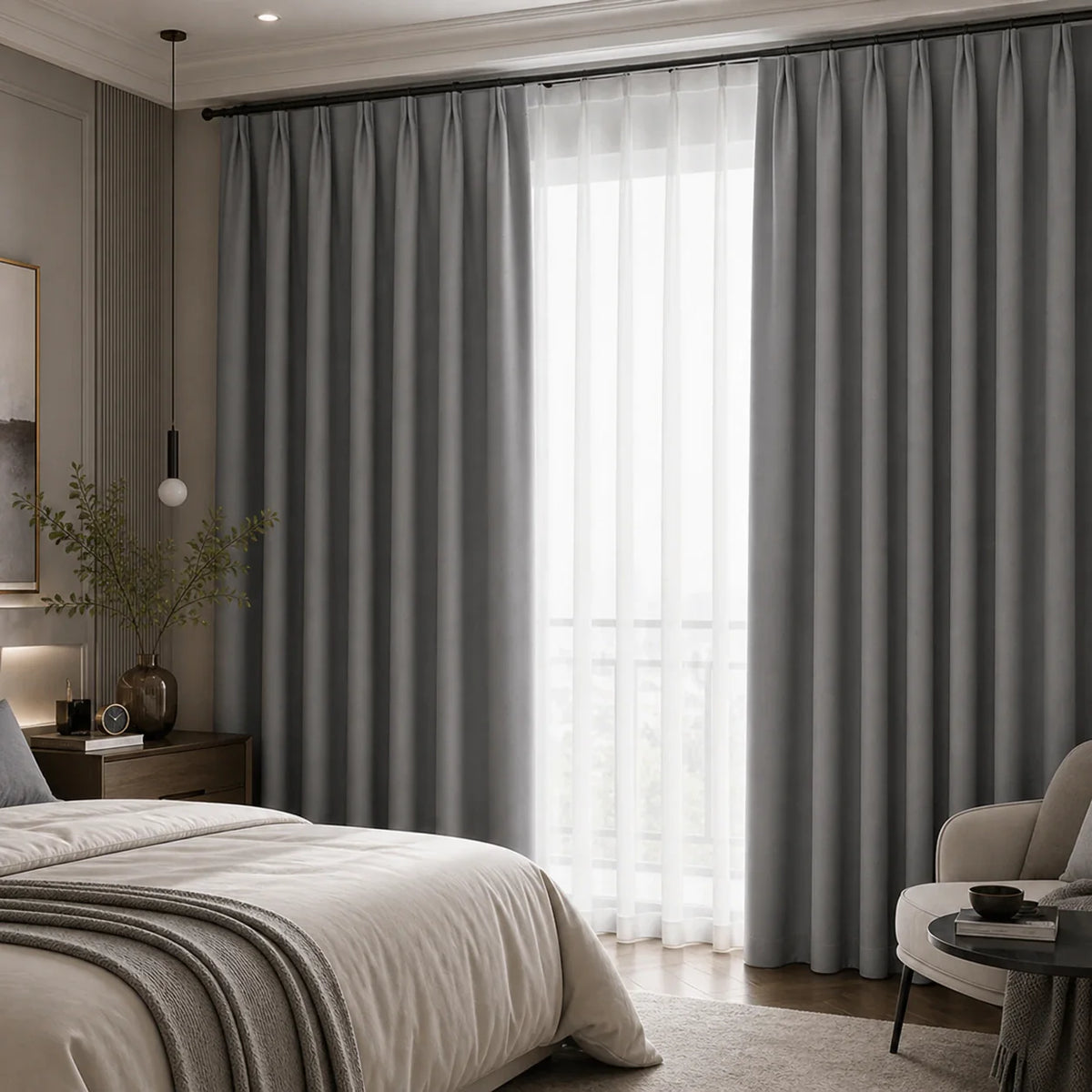 Rideau thermique anti froid gris dans une chambre haut de gamme