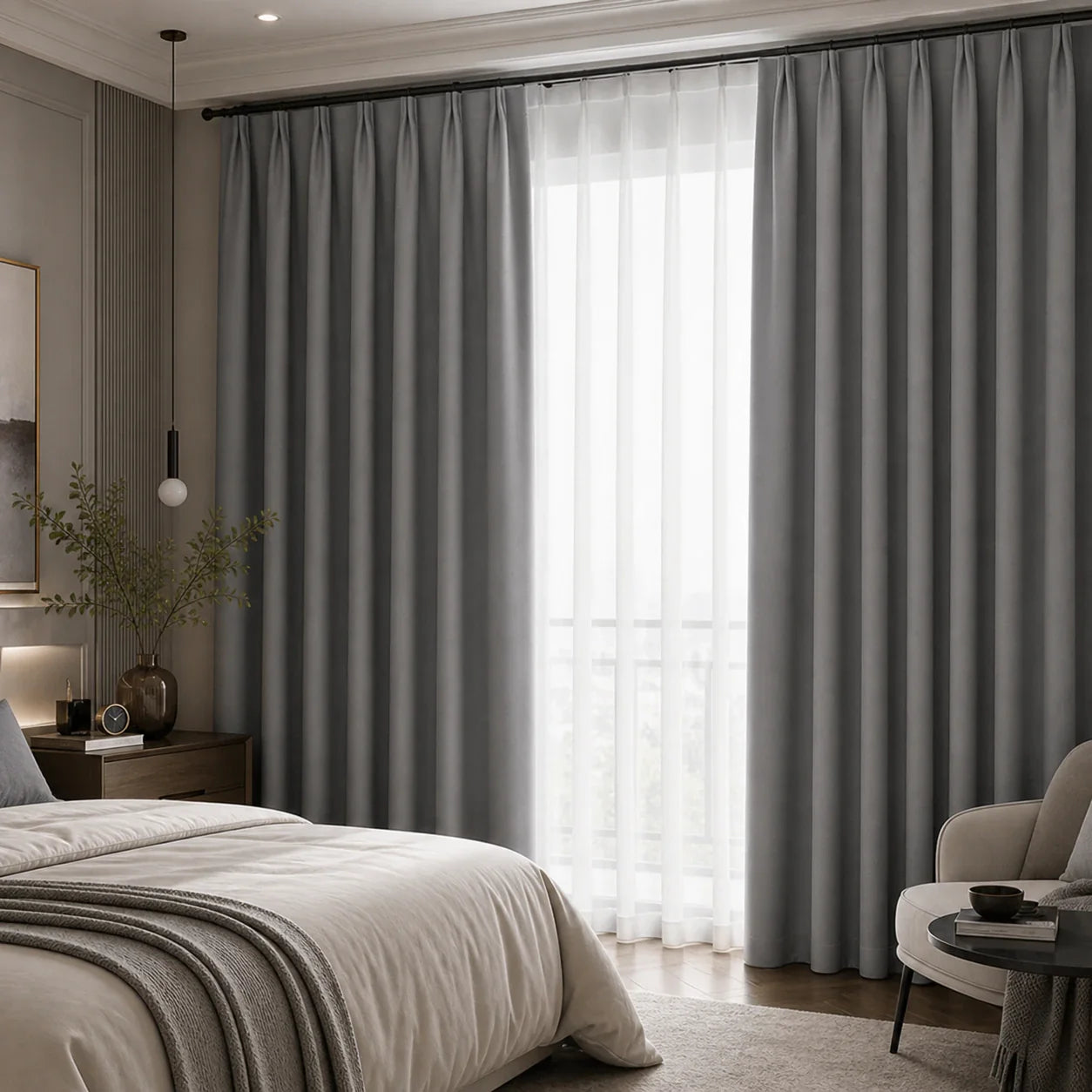 Rideau thermique anti froid gris dans une chambre haut de gamme