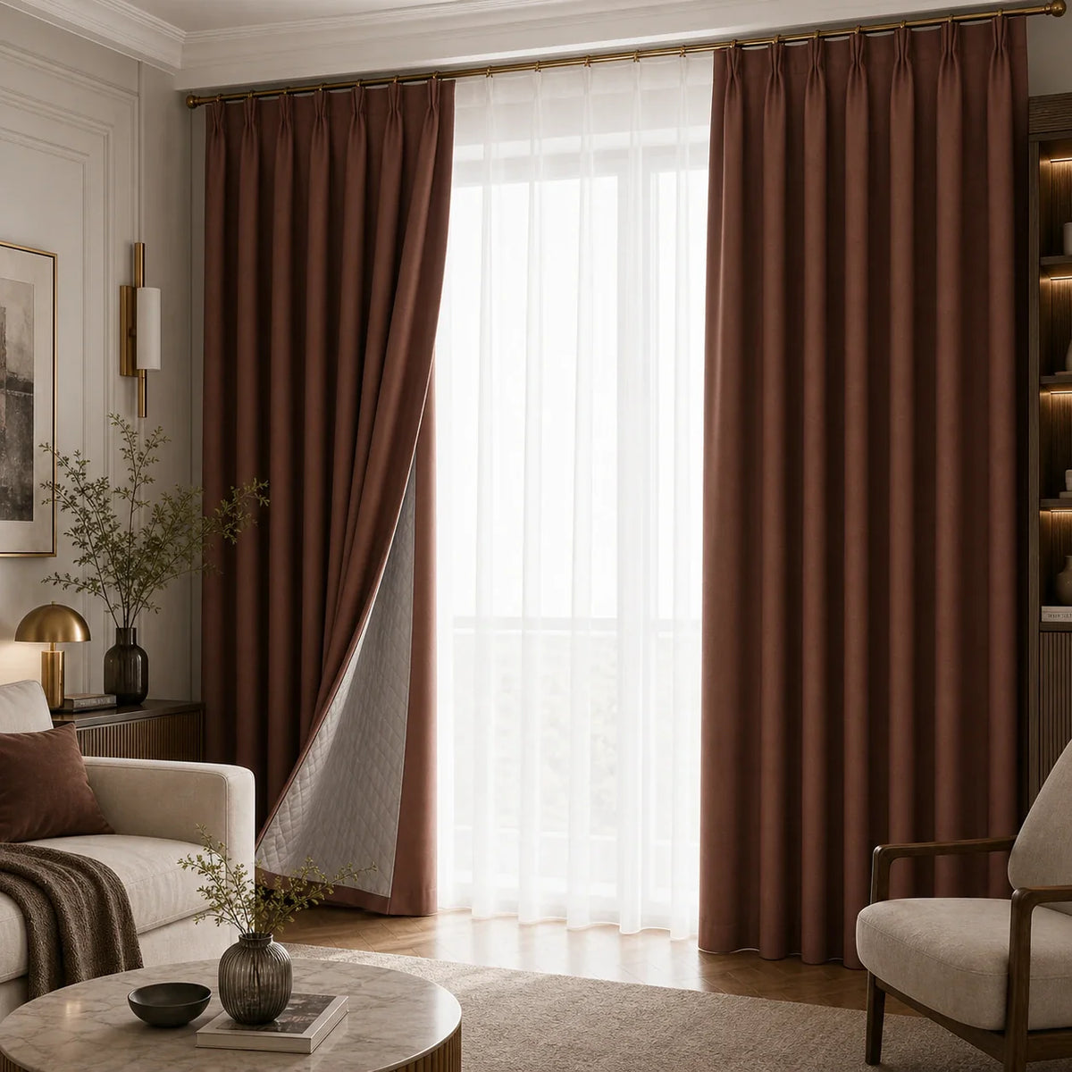 Rideaux occultant thermique marron dans un salon haut de gamme