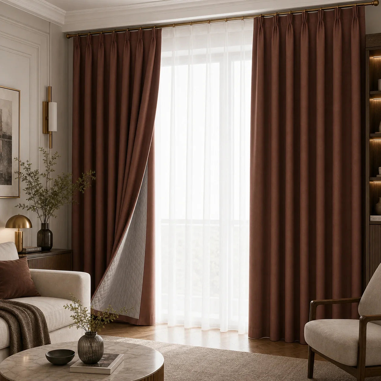 Rideaux occultant thermique marron dans un salon haut de gamme