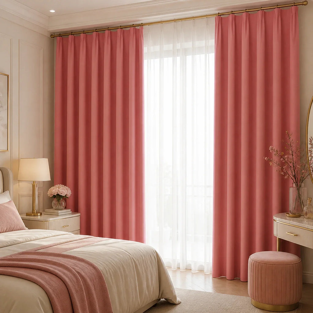 Rideaux thermique occultant rose dans une chambre haut de gamme