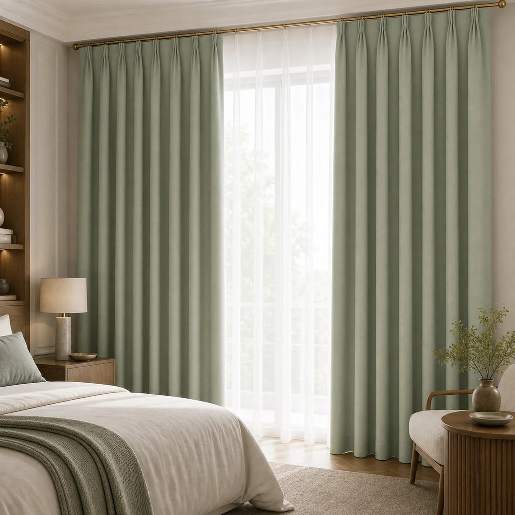 Rideaux thermique vert sauge dans une chambre haut de gamme
